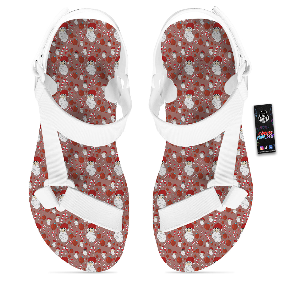 Santa Claus Hat And Candy Print Pattern White Open Toe Sandals-grizzshop