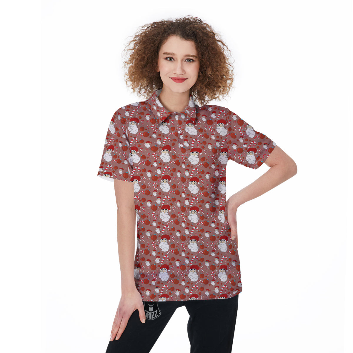 Santa Claus Hat And Candy Print Pattern Women's Golf Shirts-grizzshop