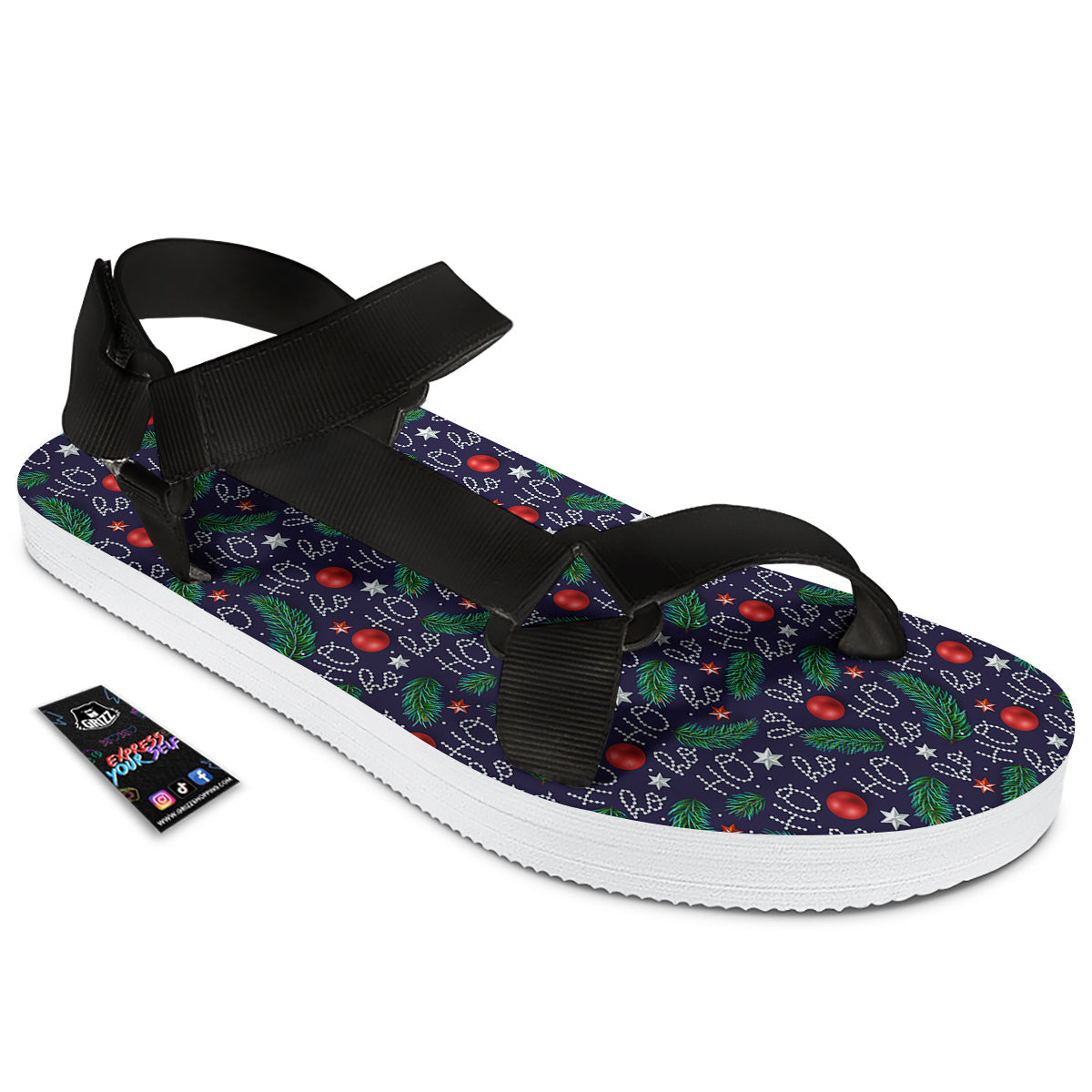 Santa Claus Laugh Christmas Hohoho Print Black Open Toe Sandals-grizzshop