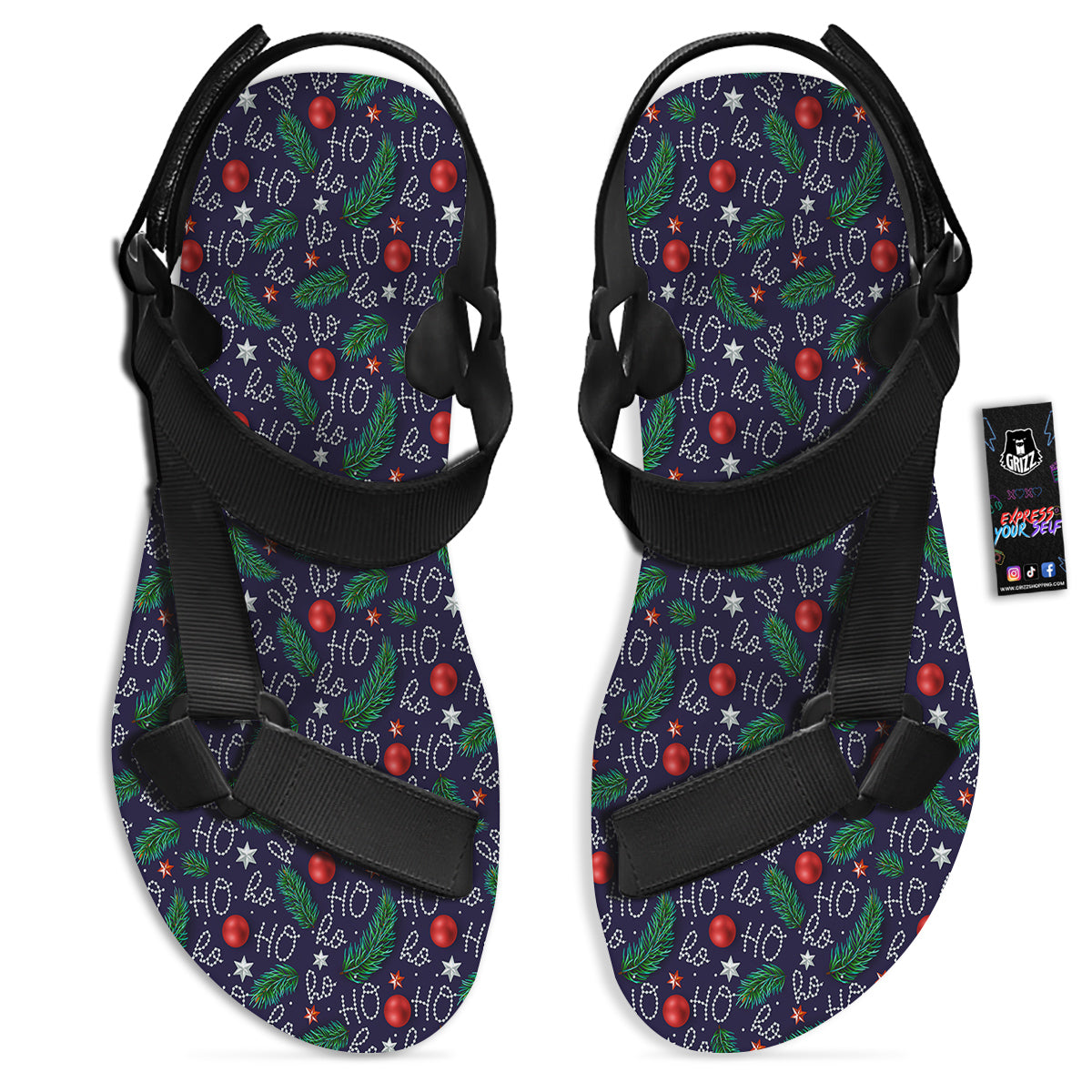 Santa Claus Laugh Christmas Hohoho Print Black Open Toe Sandals-grizzshop