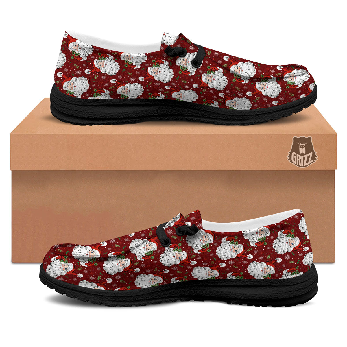 Santa Claus Xmas Print Pattern Black Loafers-grizzshop