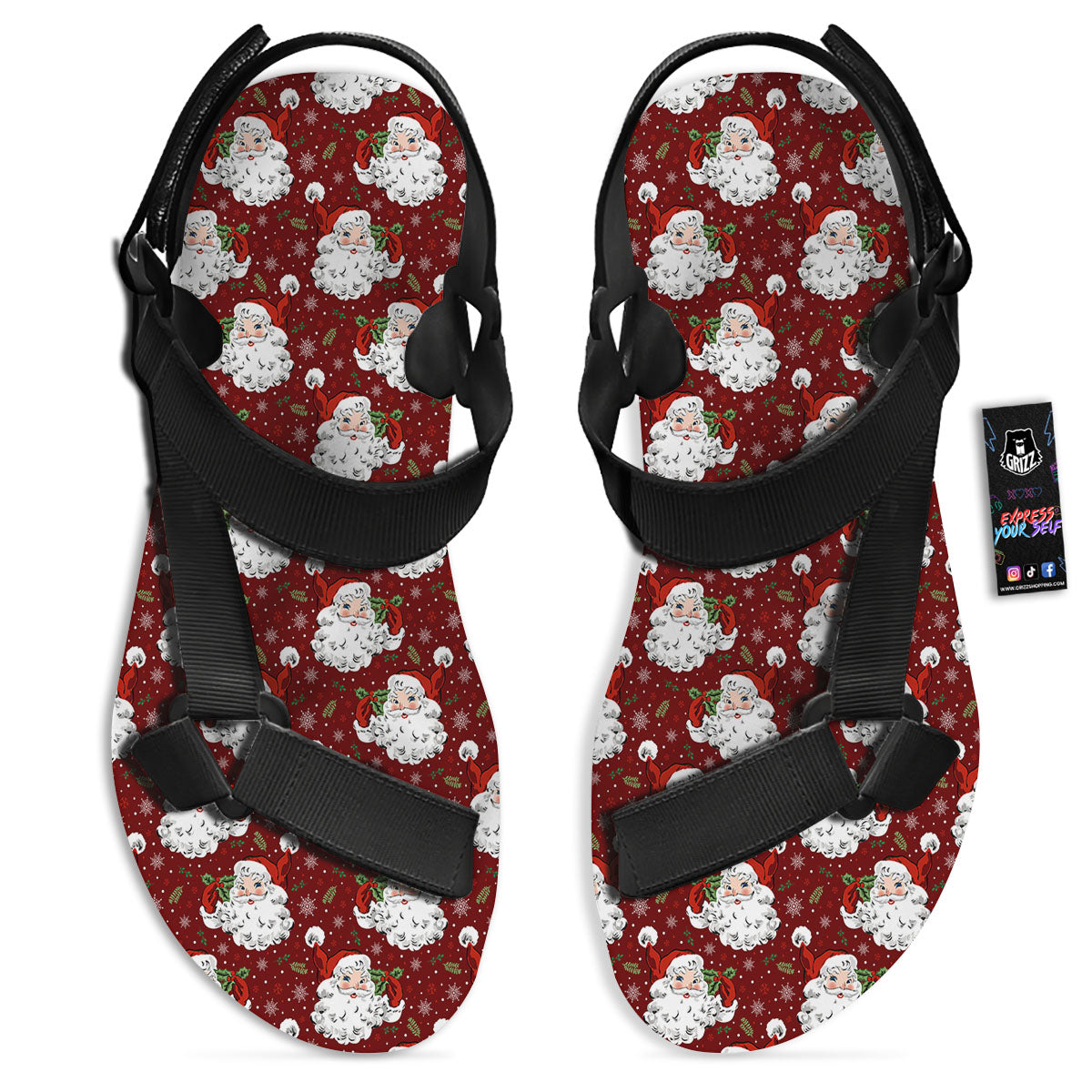 Santa Claus Xmas Print Pattern Black Open Toe Sandals-grizzshop