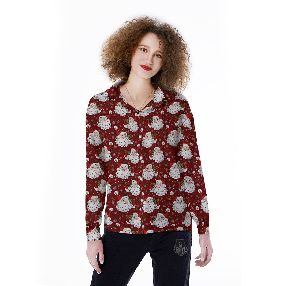 Santa Claus Xmas Print Pattern Women's Long Sleeve Shirts-grizzshop