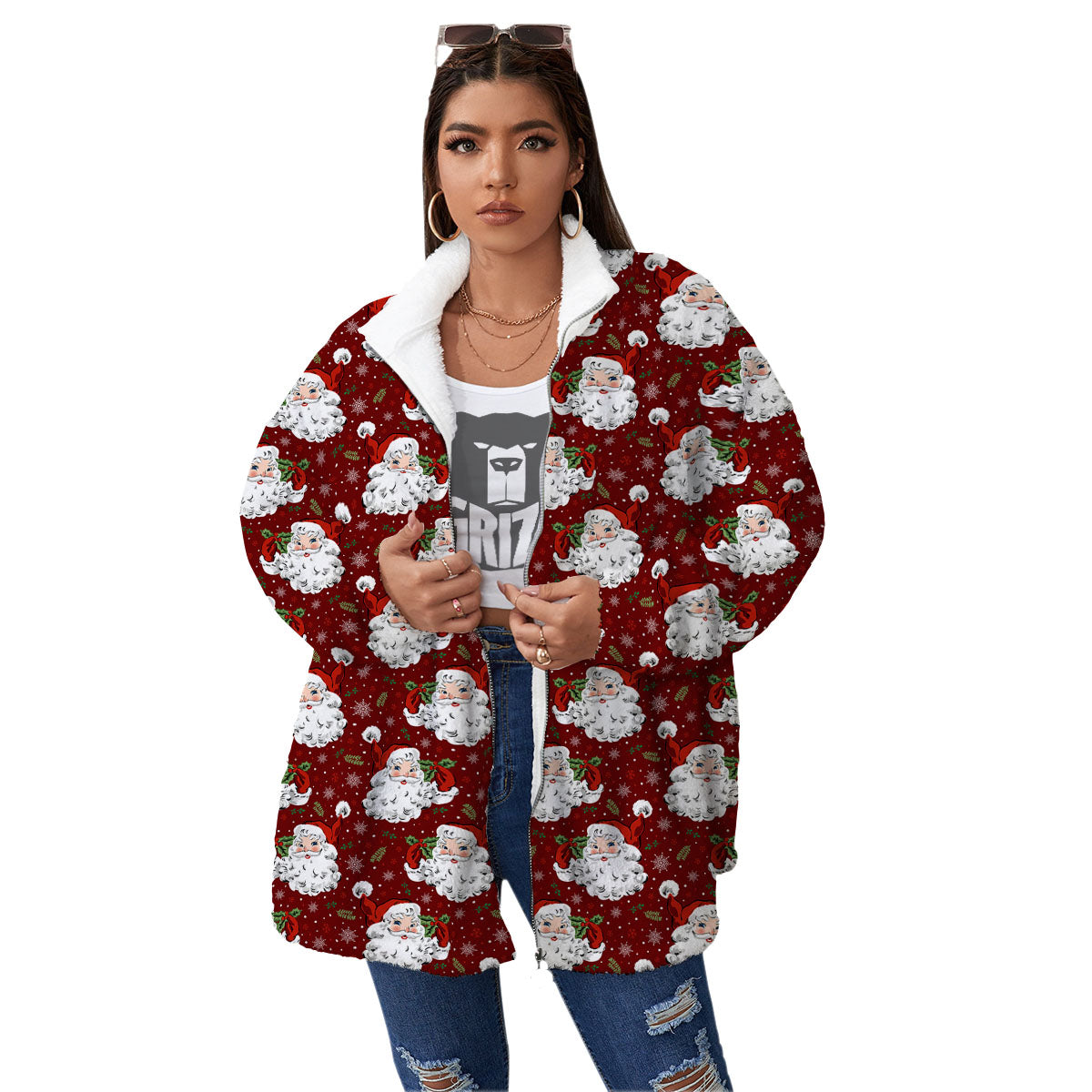 Santa Claus Xmas Print Pattern Women's Sherpa Jacket-grizzshop