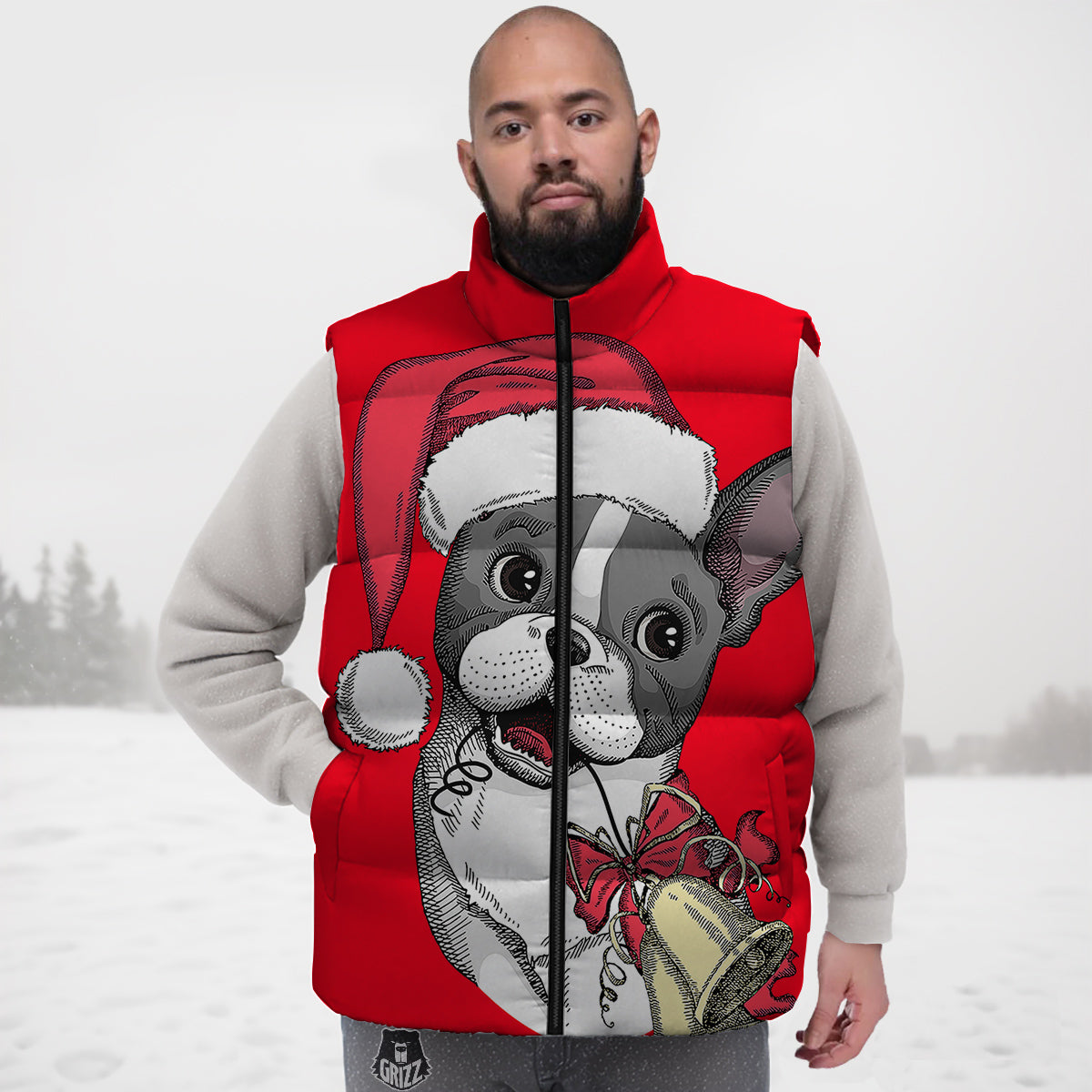 Santa Christmas French Bulldog Print Down Vest