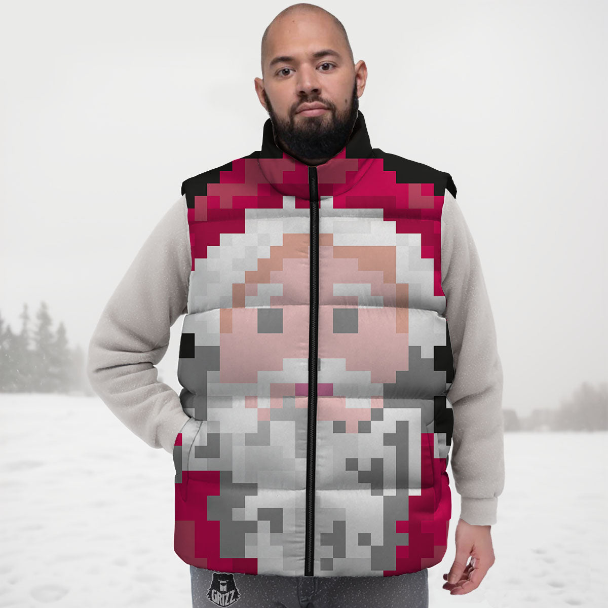 Santa Claus Christmas Pixel Print Down Vest