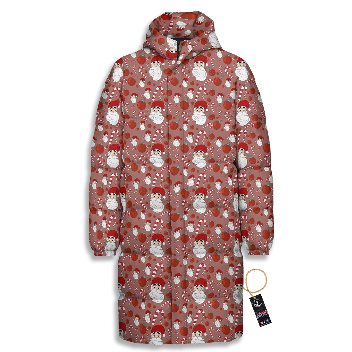 Santa Claus Hat And Candy Print Pattern Long Down Jacket