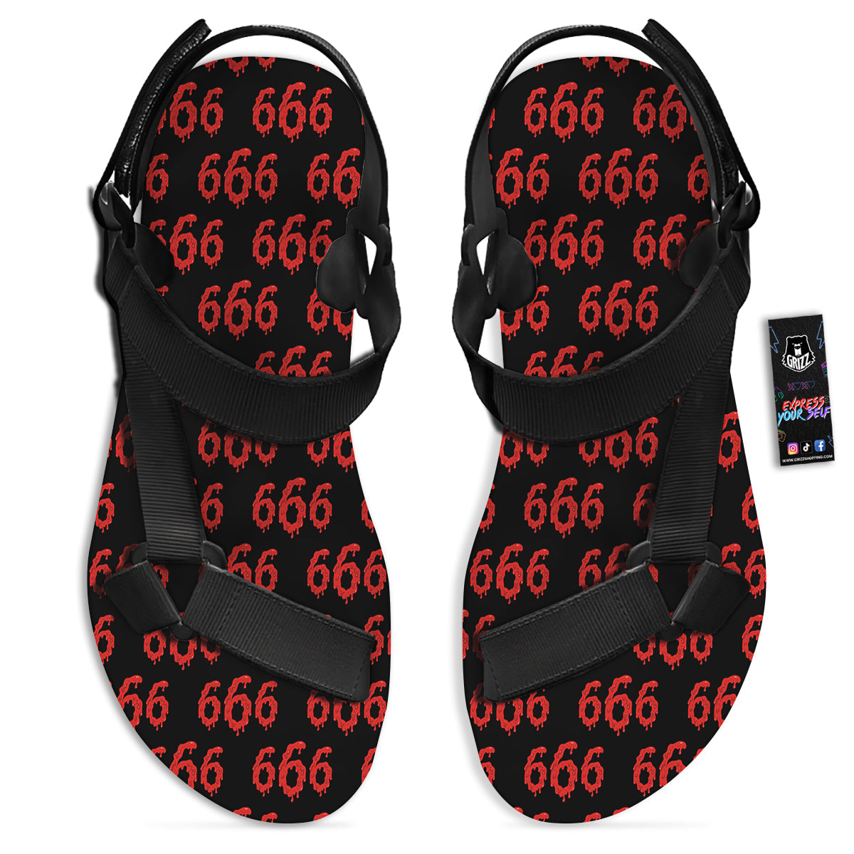 Satan 666 Print Pattern Black Open Toe Sandals-grizzshop