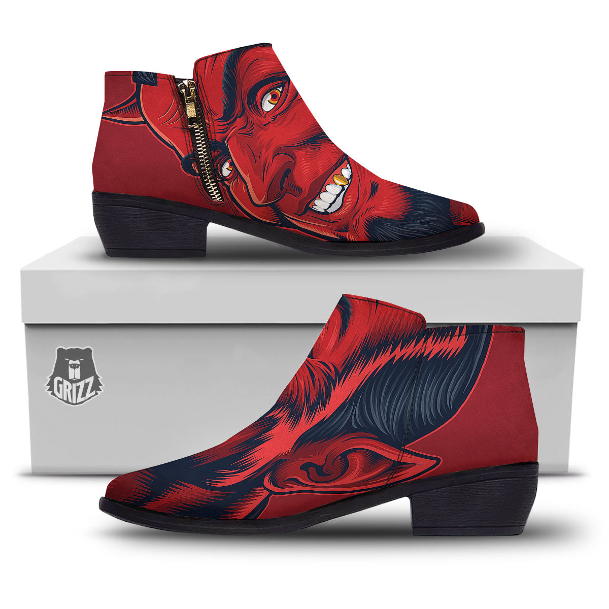 Satan Red Devil Print Ankle Boots-grizzshop