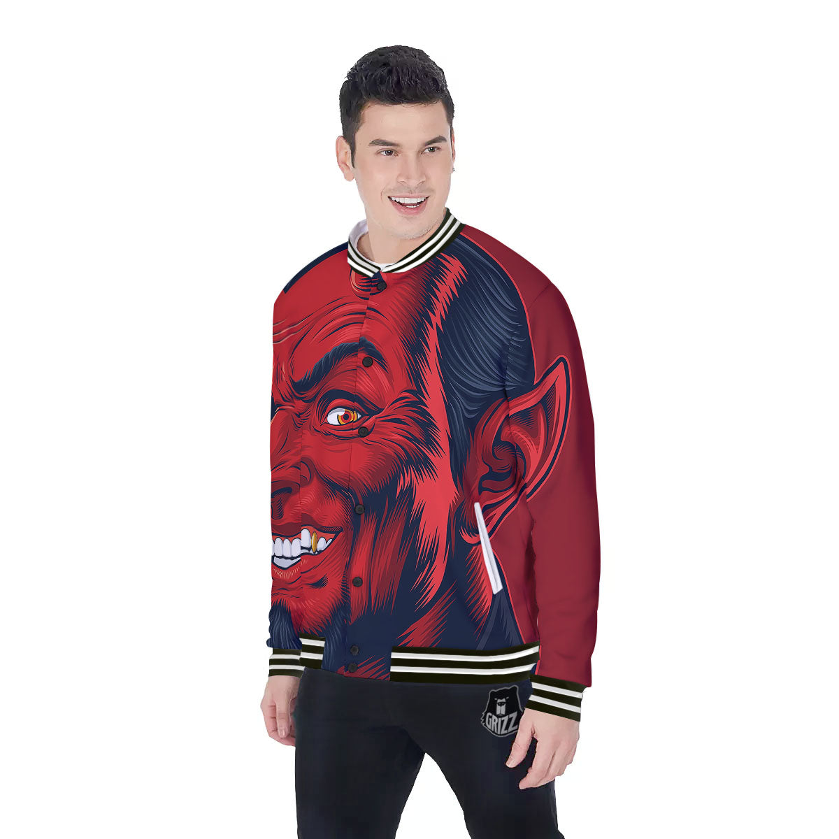 Satan Red Devil Print Baseball Jacket-grizzshop