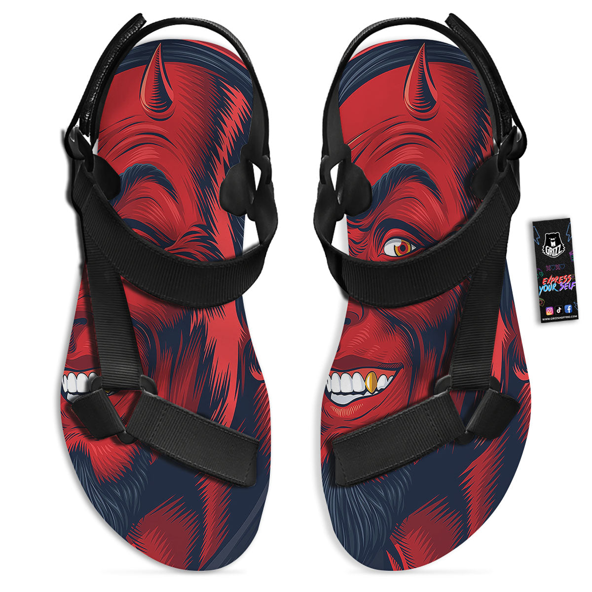 Satan Red Devil Print Black Open Toe Sandals-grizzshop