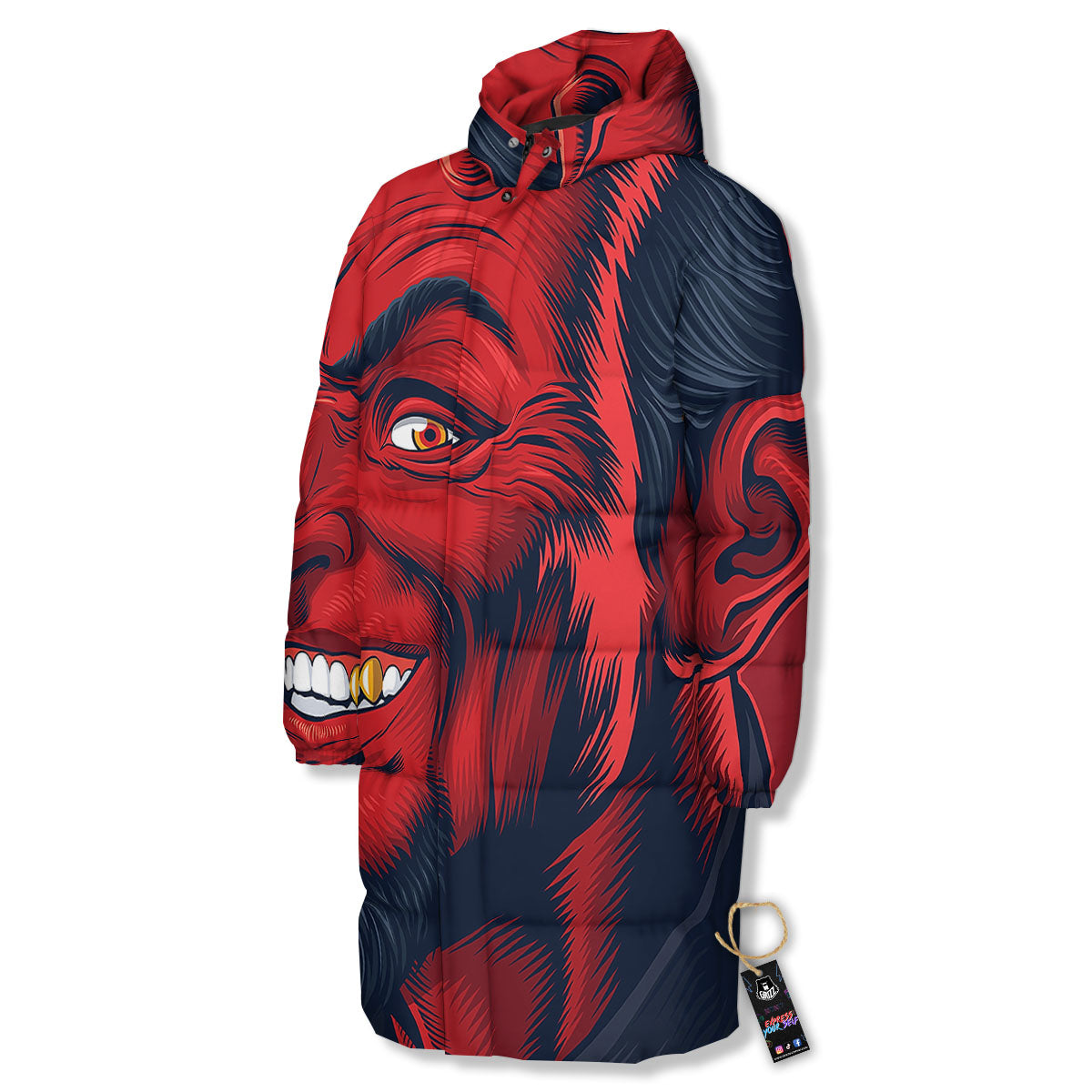 Satan Red Devil Print Long Down Jacket-grizzshop