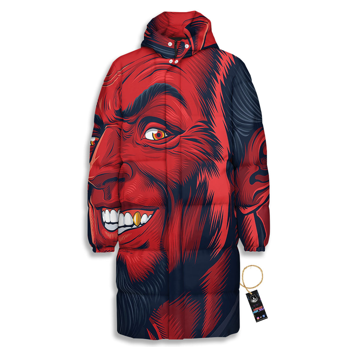 Satan Red Devil Print Long Down Jacket-grizzshop