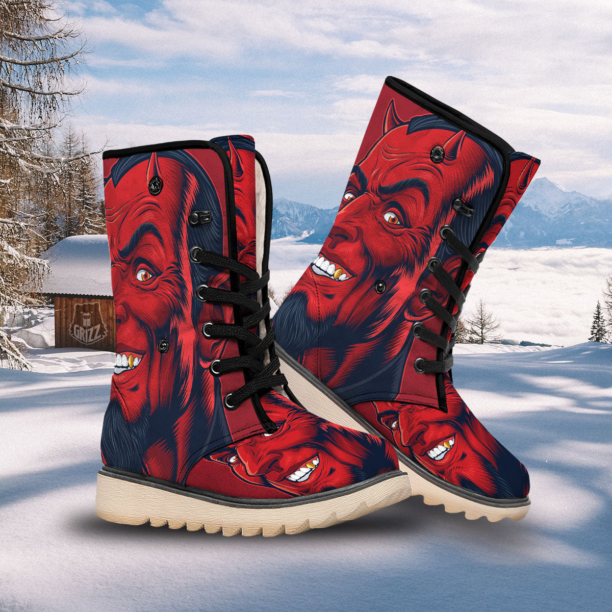 Satan Red Devil Print Snow Boots-grizzshop