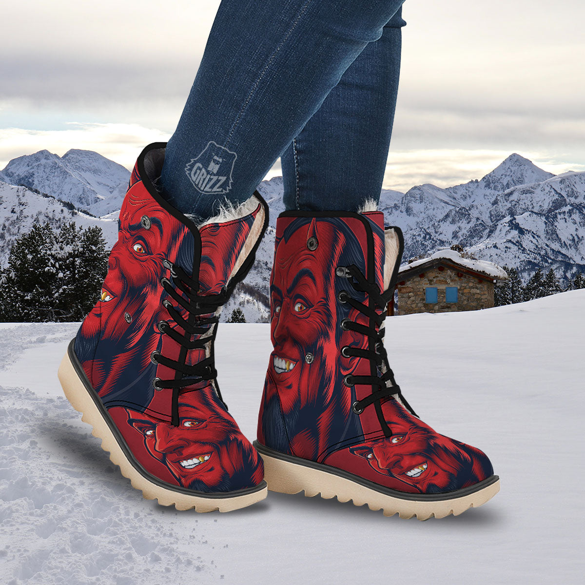 Satan Red Devil Print Snow Boots-grizzshop