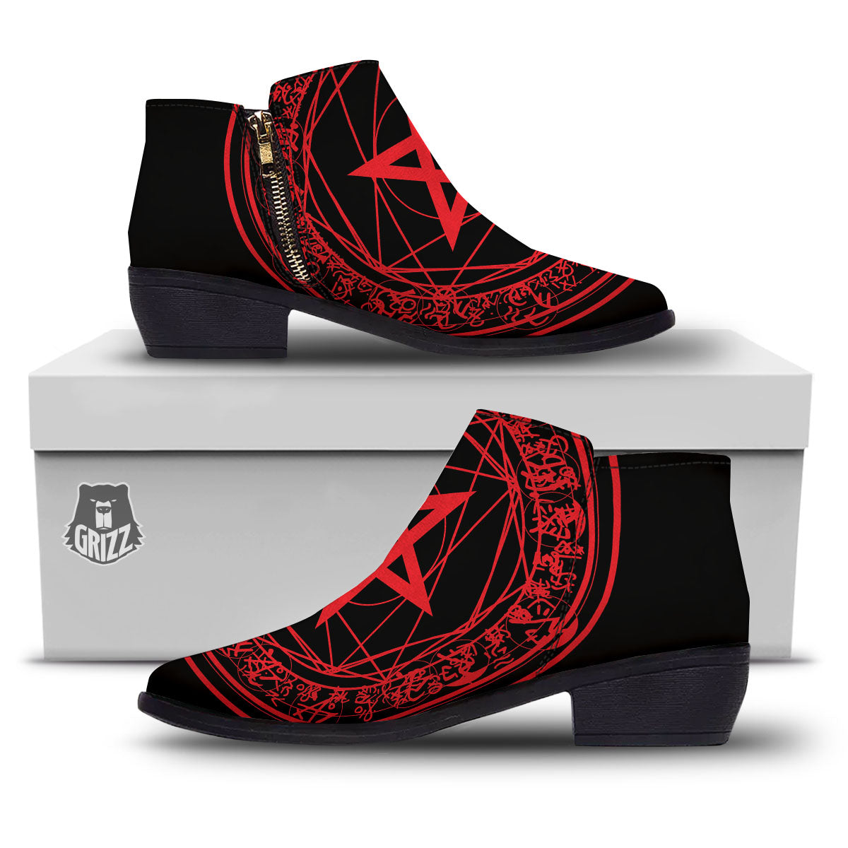 Satanic Pentagram Red And Black Print Ankle Boots-grizzshop