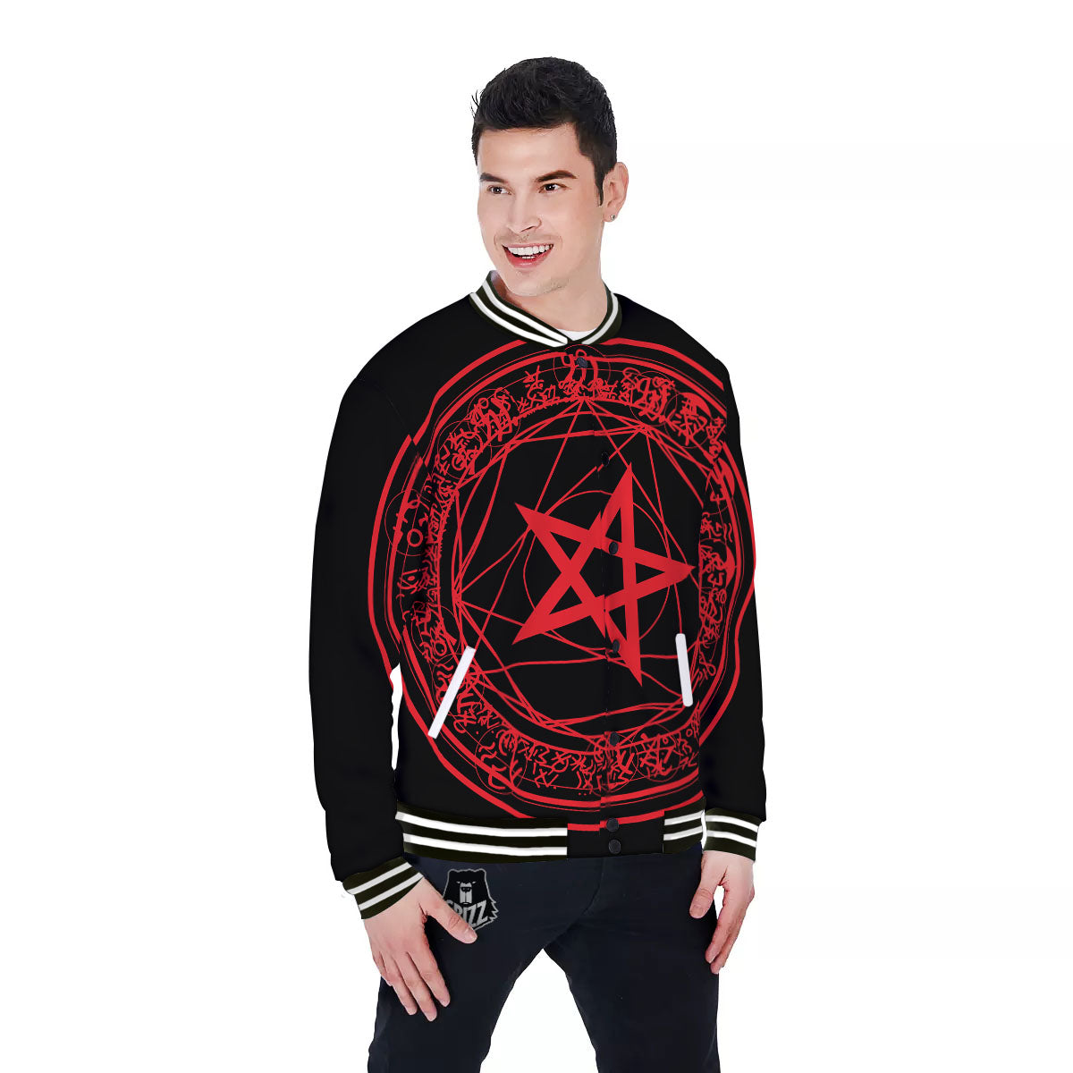 Satanic Pentagram Red And Black Print Baseball Jacket-grizzshop