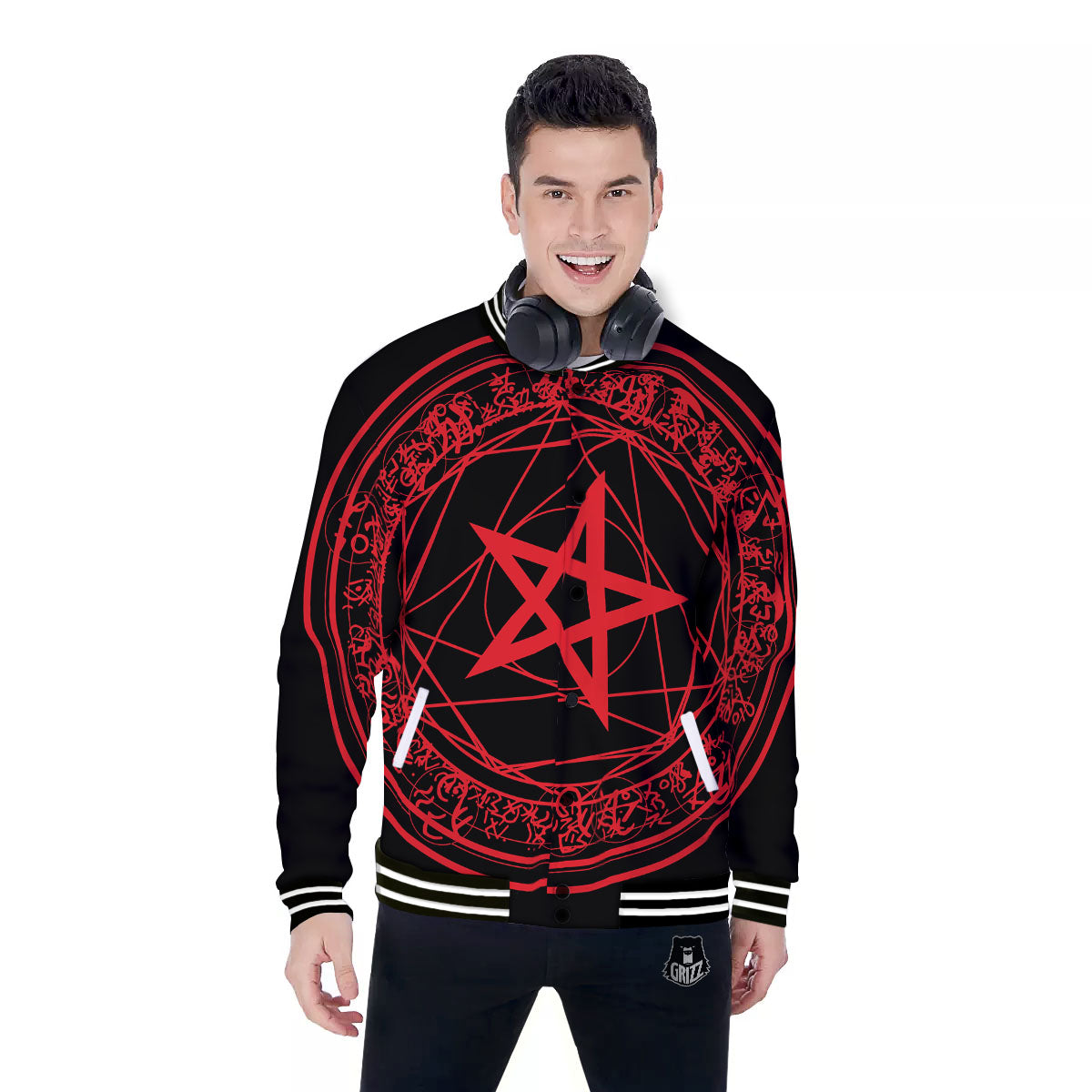 Satanic Pentagram Red And Black Print Baseball Jacket-grizzshop