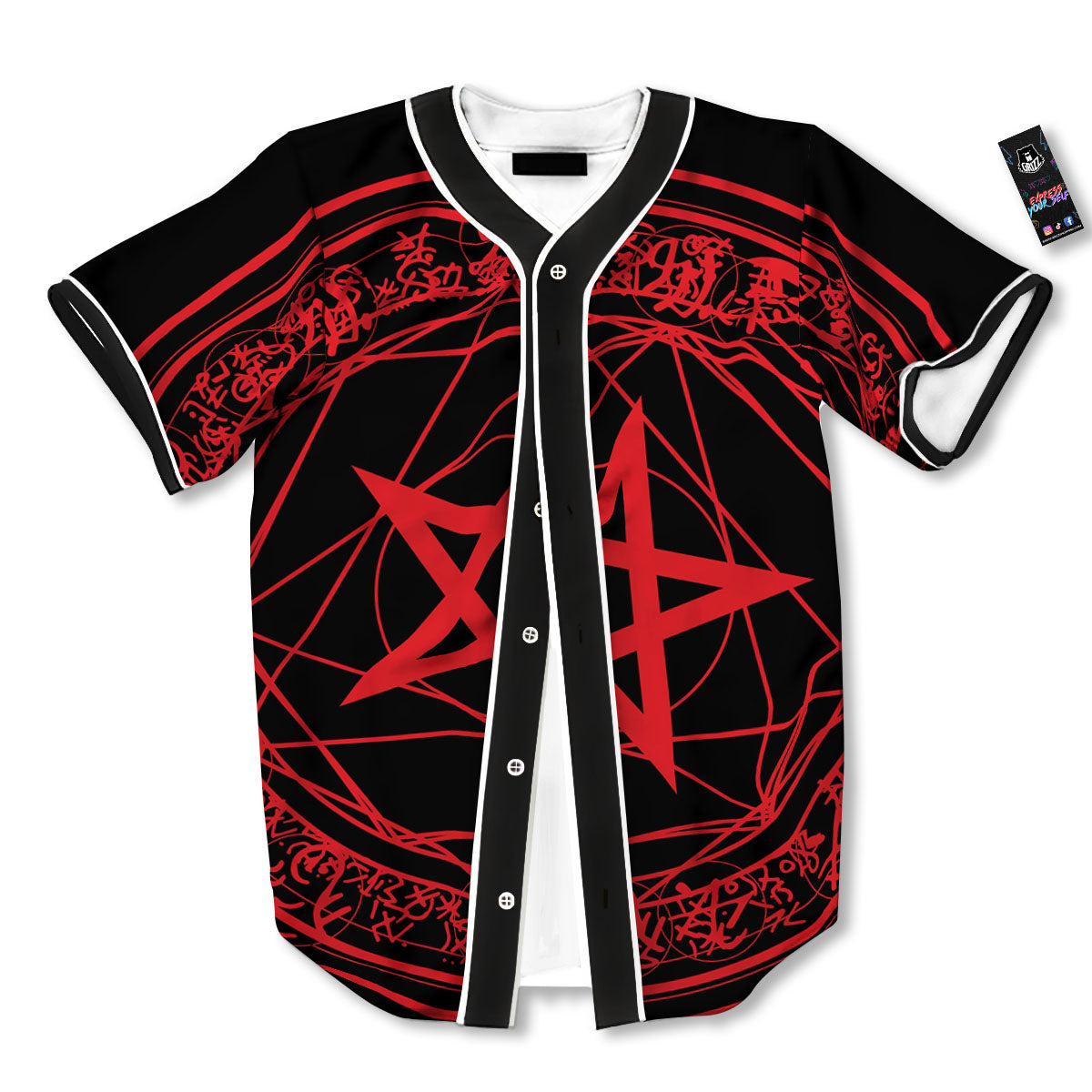 Satanic Pentagram Red And Black Print Baseball Jersey-grizzshop