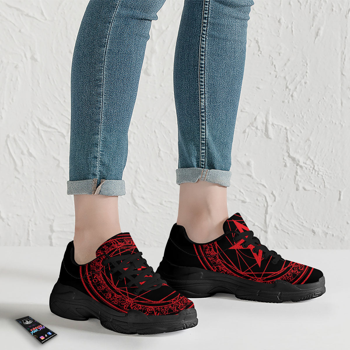 Satanic Pentagram Red And Black Print Black Chunky Shoes-grizzshop