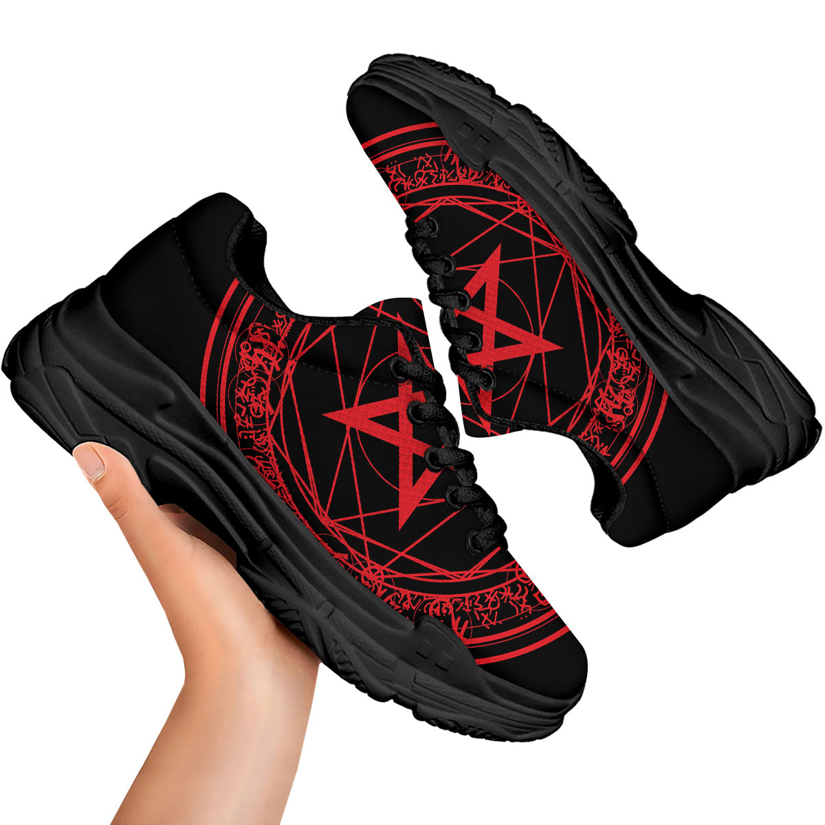 Satanic Pentagram Red And Black Print Black Chunky Shoes-grizzshop