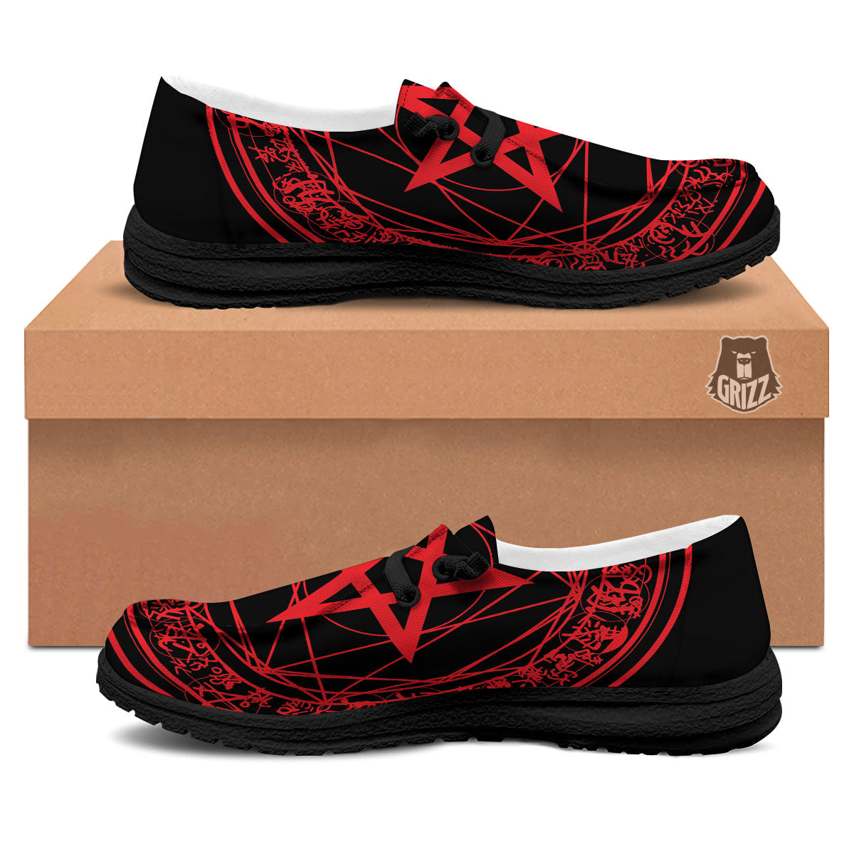 Satanic Pentagram Red And Black Print Black Loafers-grizzshop
