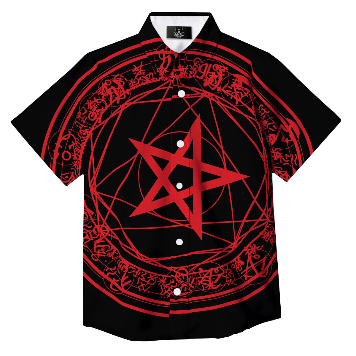 Satanic Pentagram Red And Black Print Button Up Shirt-grizzshop
