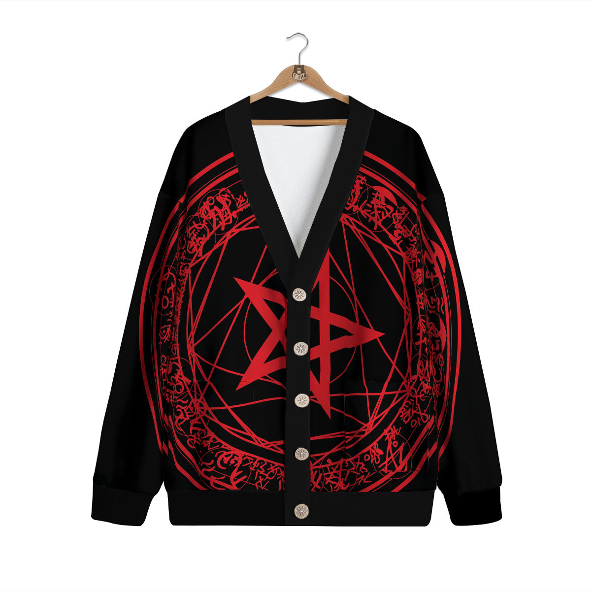 Satanic Pentagram Red And Black Print Cardigan-grizzshop