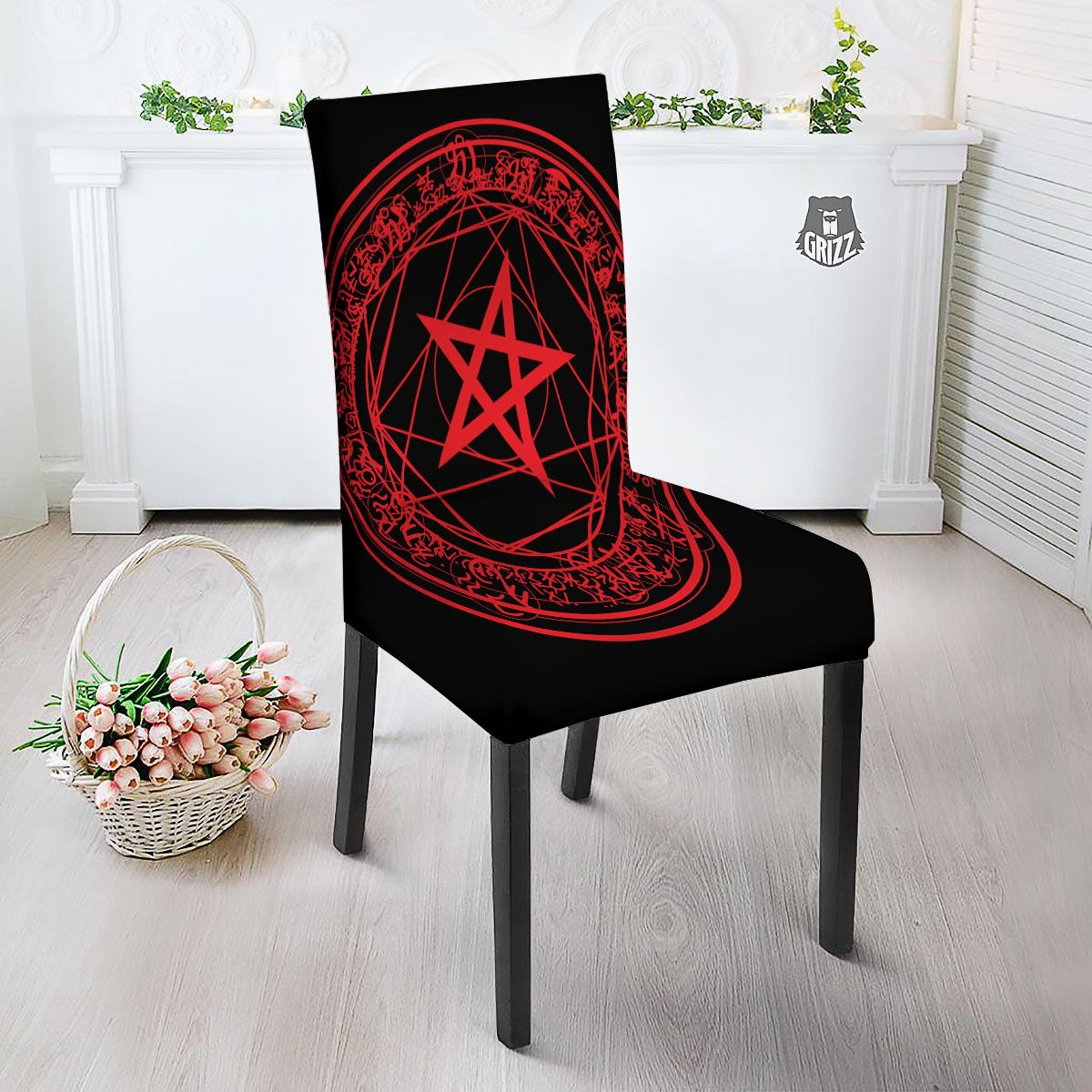 Satanic Pentagram Red And Black Print Dining Chair Slipcover-grizzshop