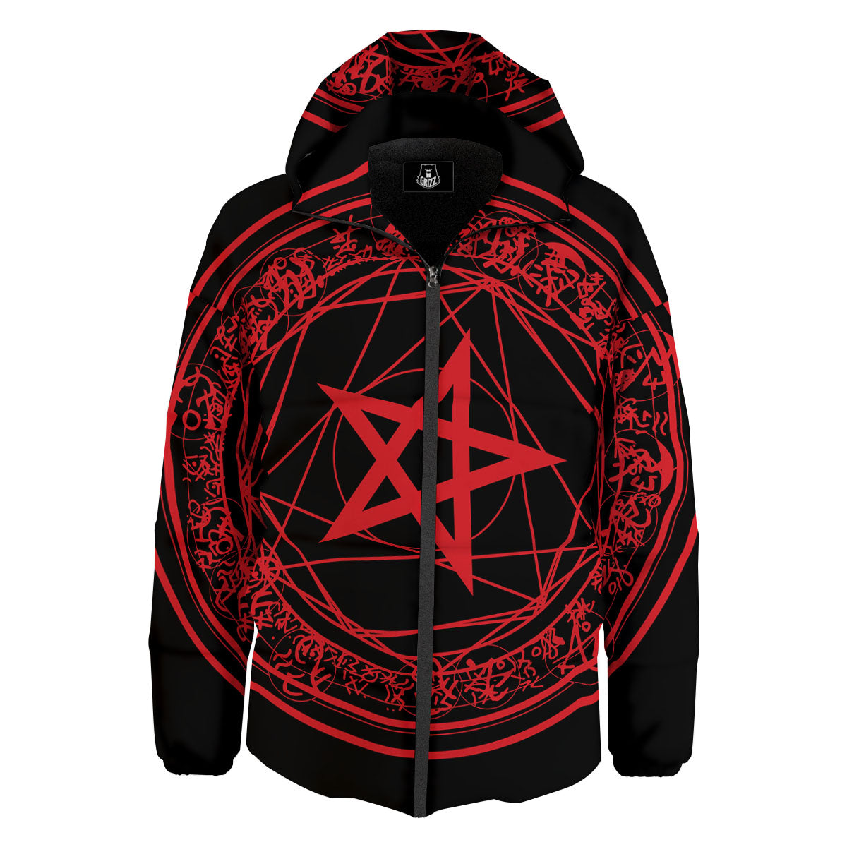 Satanic Pentagram Red And Black Print Down Jacket-grizzshop