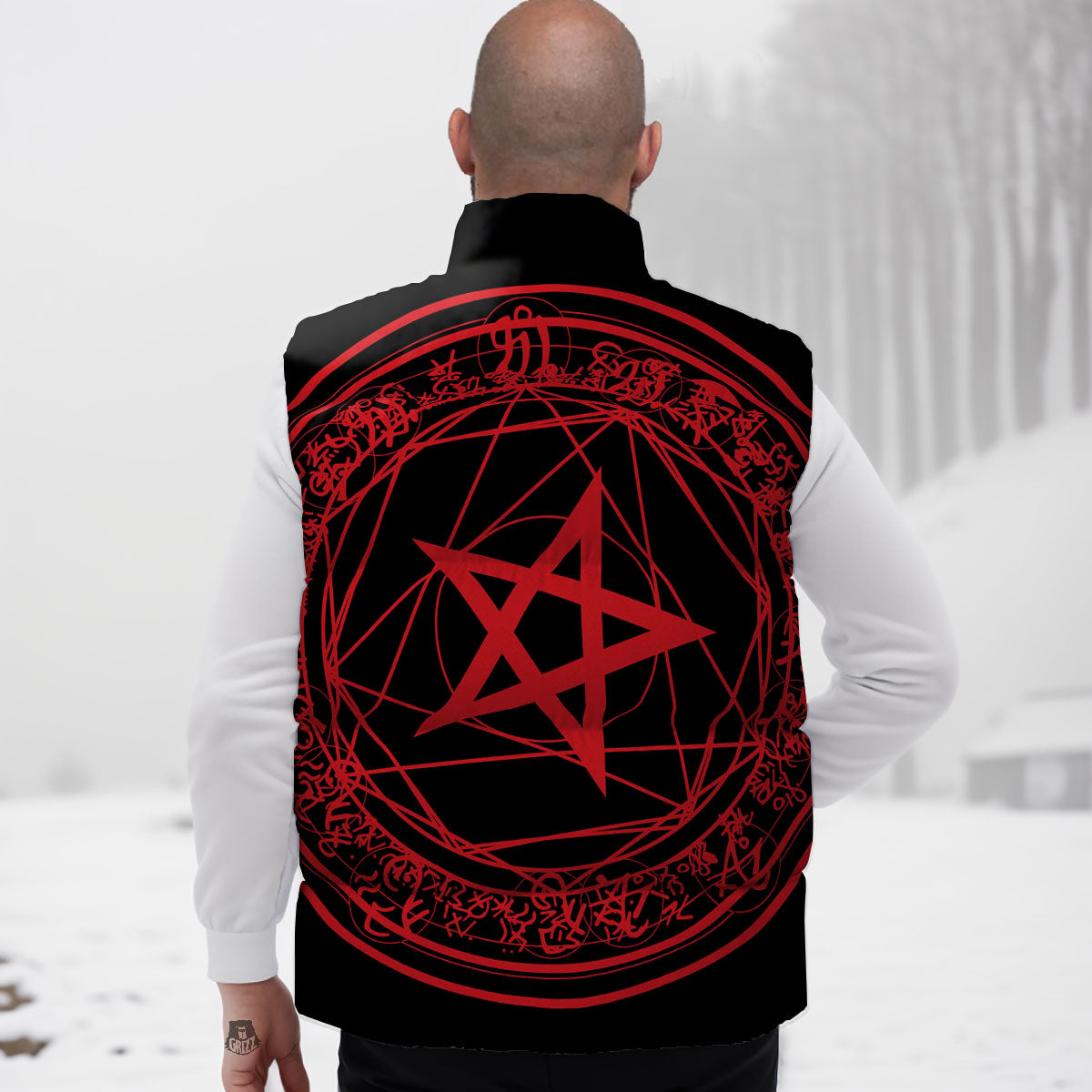 Satanic Pentagram Red And Black Print Down Vest