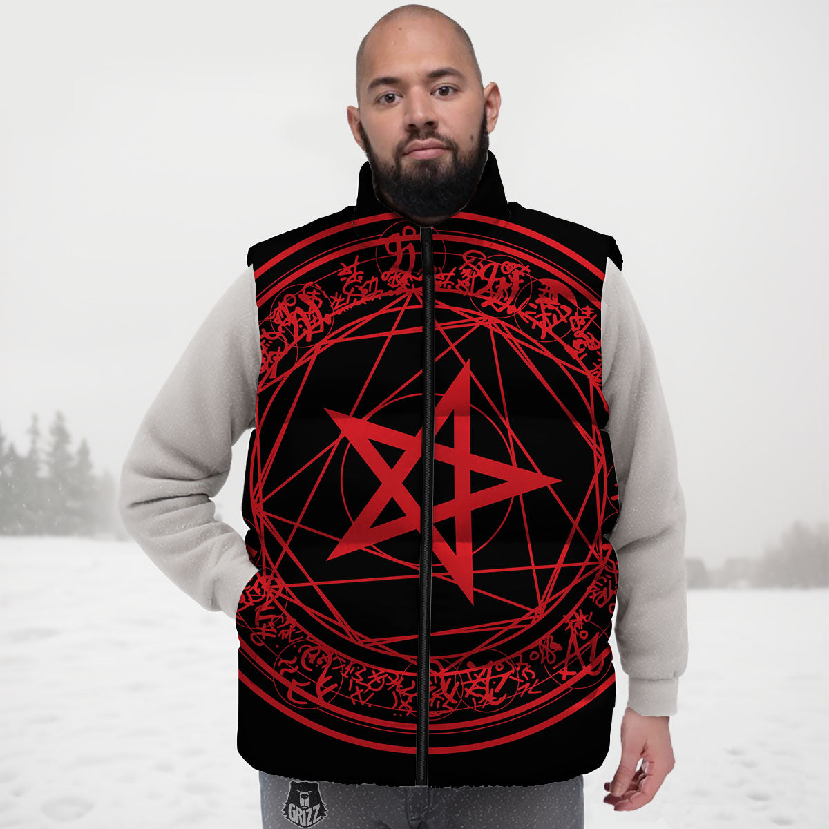 Satanic Pentagram Red And Black Print Down Vest