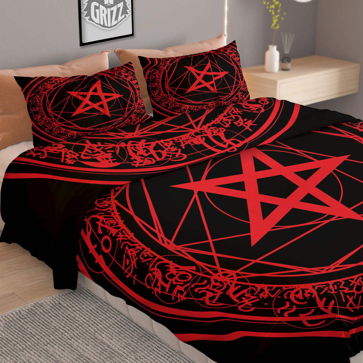 Satanic Pentagram Red And Black Print Duvet Cover Bedding Set