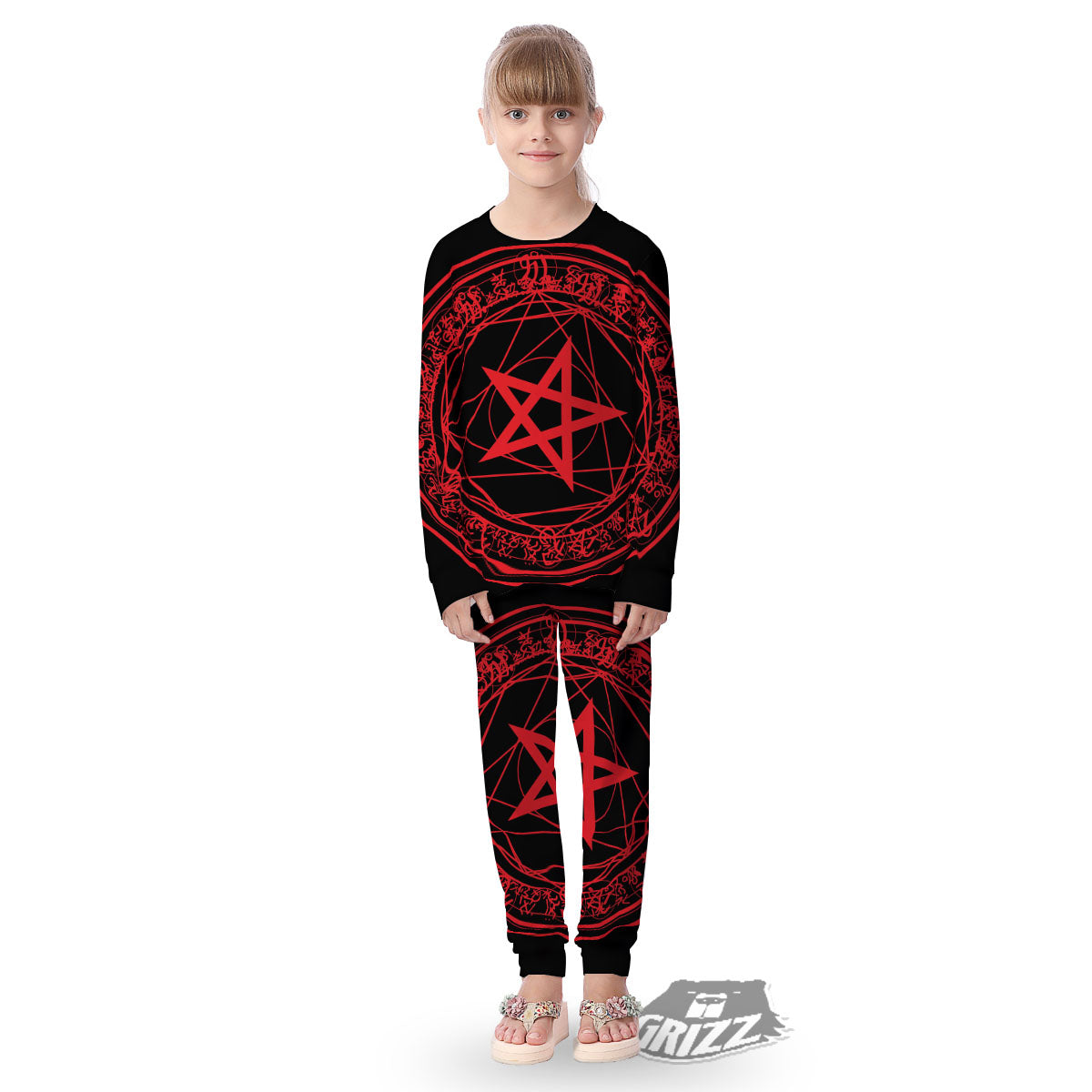 Satanic Pentagram Red And Black Print Kid's Pajamas-grizzshop