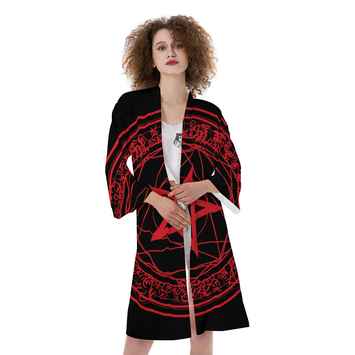 Satanic Pentagram Red And Black Print Kimono-grizzshop