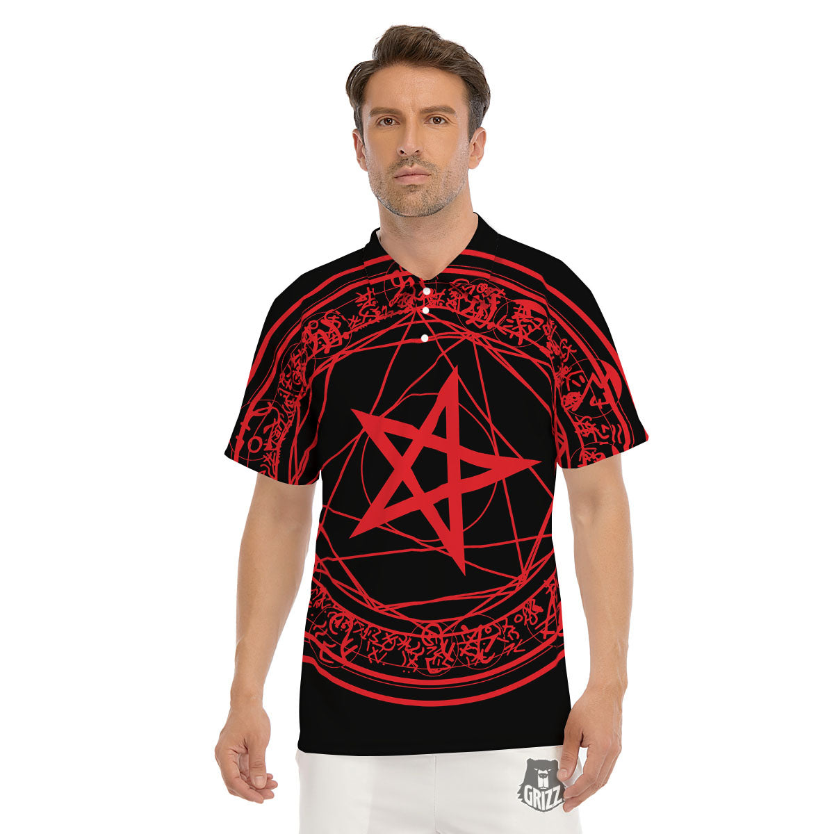 Satanic Pentagram Red And Black Print Men's Golf Shirts-grizzshop