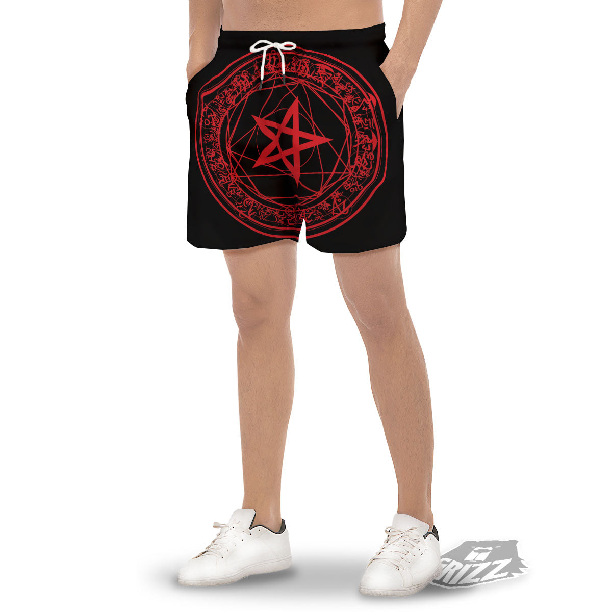 Satanic Pentagram Red And Black Print Men's Gym Shorts-grizzshop