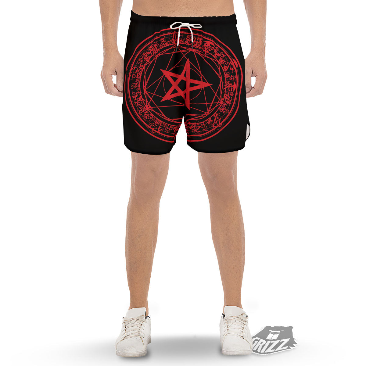 Satanic Pentagram Red And Black Print Men's Gym Shorts-grizzshop