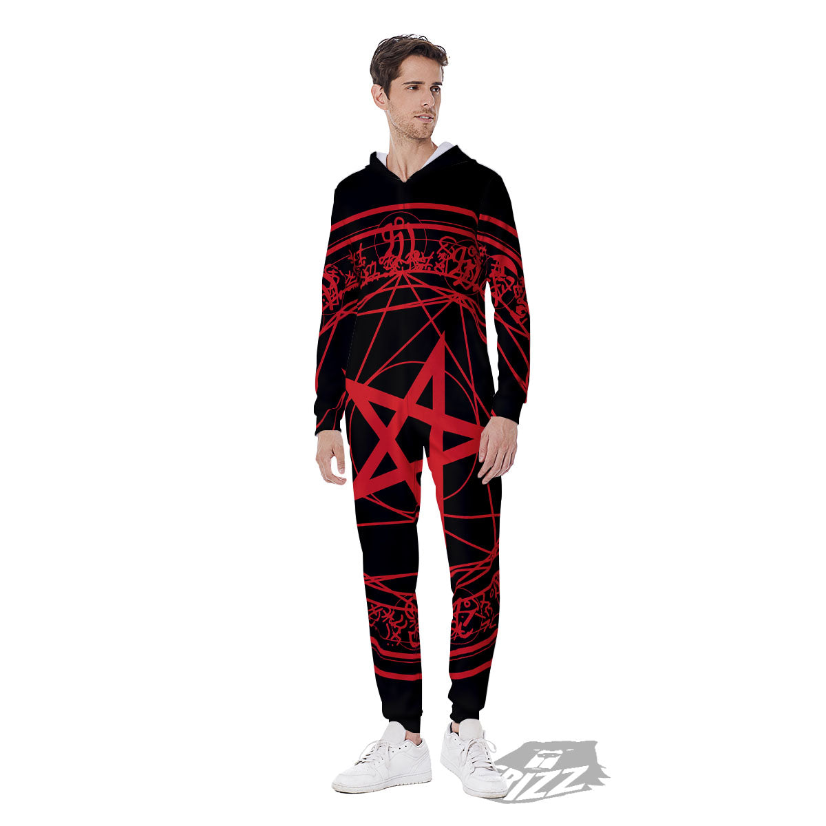 Satanic Pentagram Red And Black Print Men's Jumpsuit-grizzshop