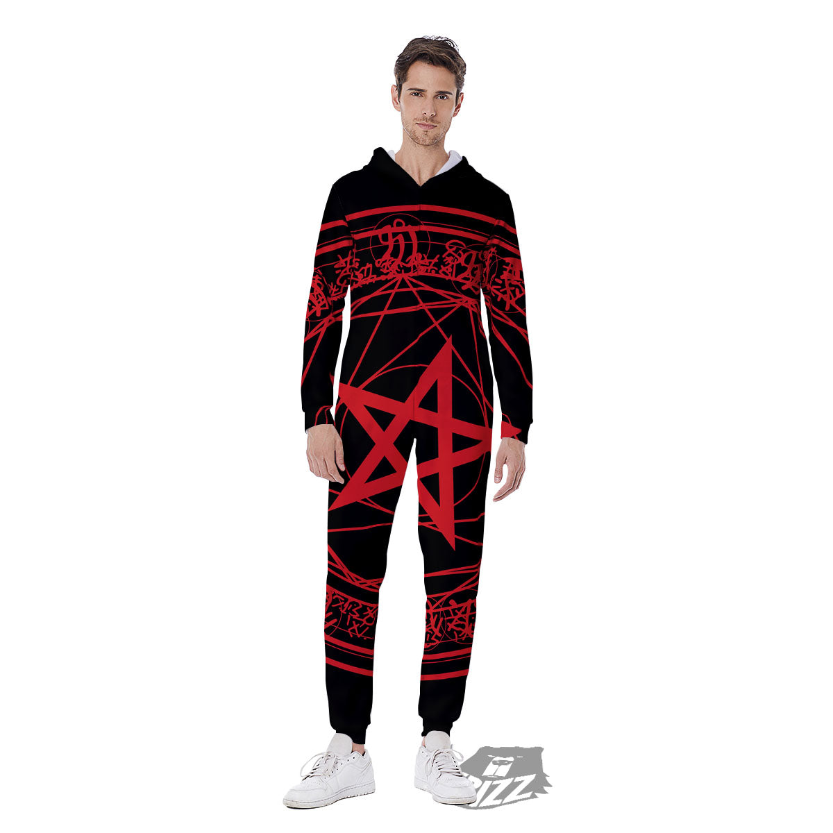 Satanic Pentagram Red And Black Print Men's Jumpsuit-grizzshop