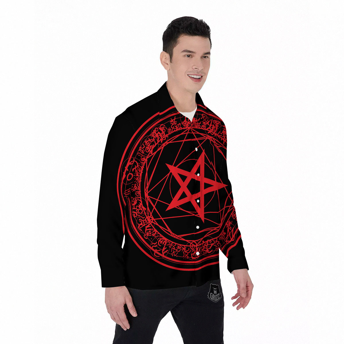 Satanic Pentagram Red And Black Print Men's Long Sleeve Shirts-grizzshop