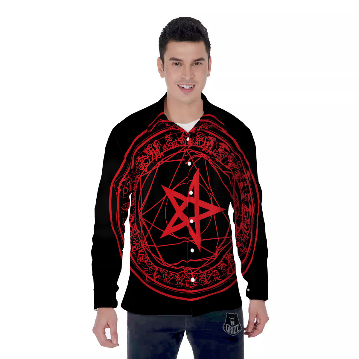 Satanic Pentagram Red And Black Print Men's Long Sleeve Shirts-grizzshop