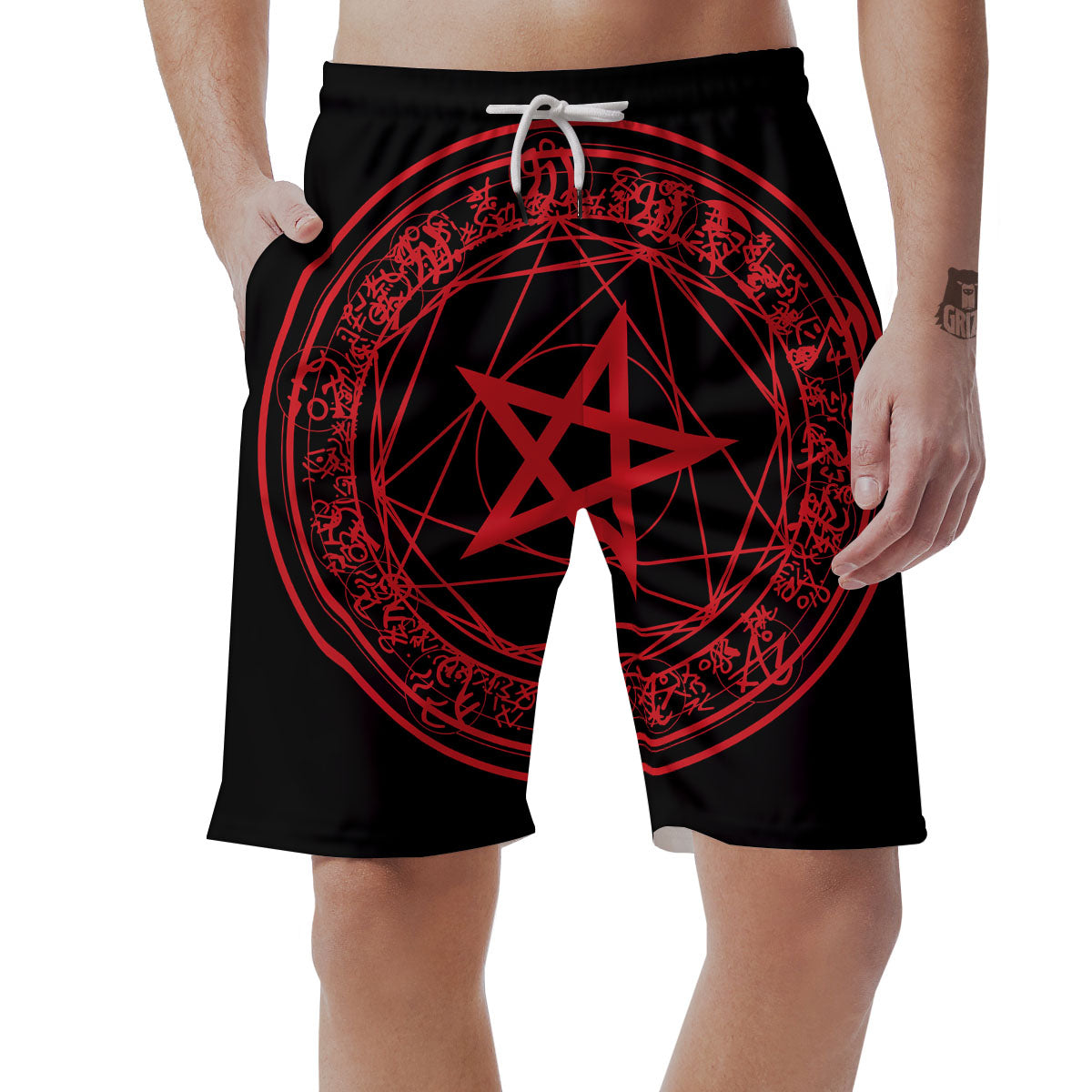 Satanic Pentagram Red And Black Print Men's Shorts-grizzshop