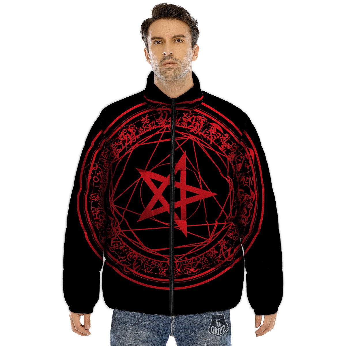 Satanic Pentagram Red And Black Print Puffer Jacket-grizzshop