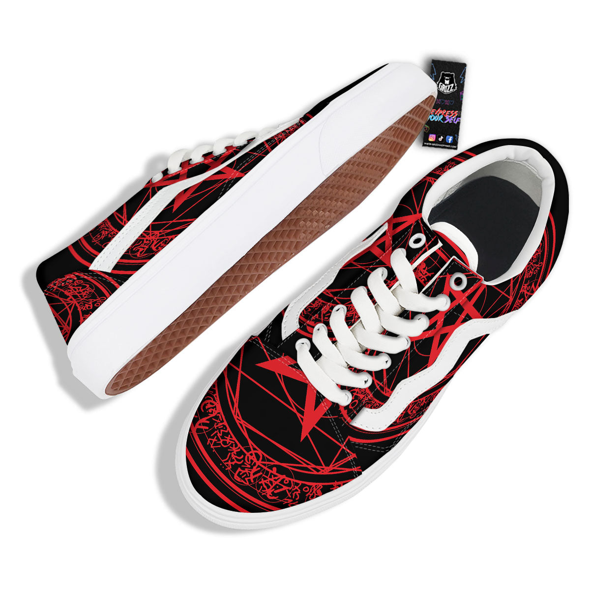 Satanic Pentagram Red And Black Print Skate Shoes-grizzshop