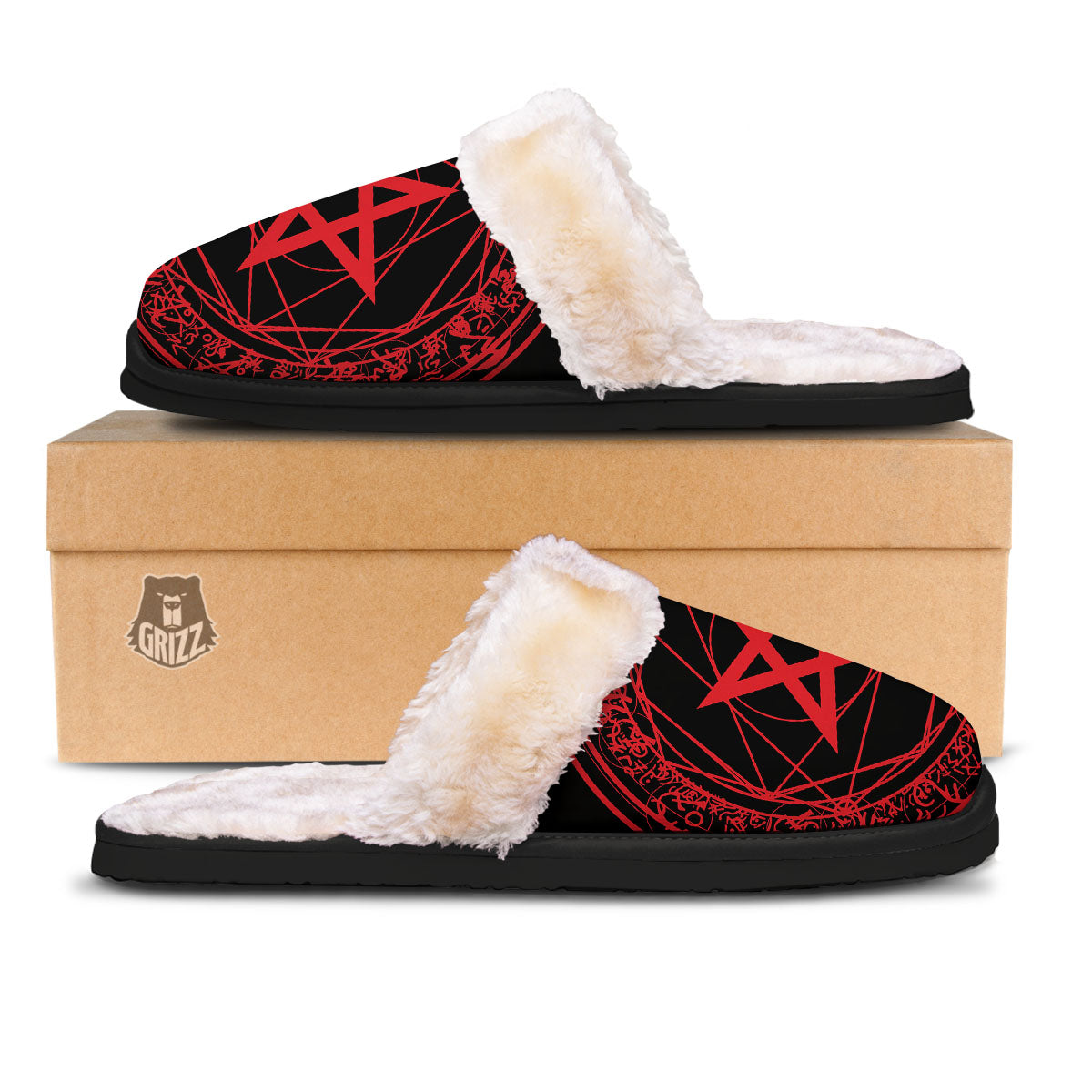 Satanic Pentagram Red And Black Print Slippers-grizzshop