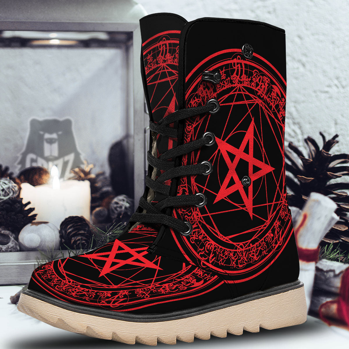Satanic Pentagram Red And Black Print Snow Boots-grizzshop