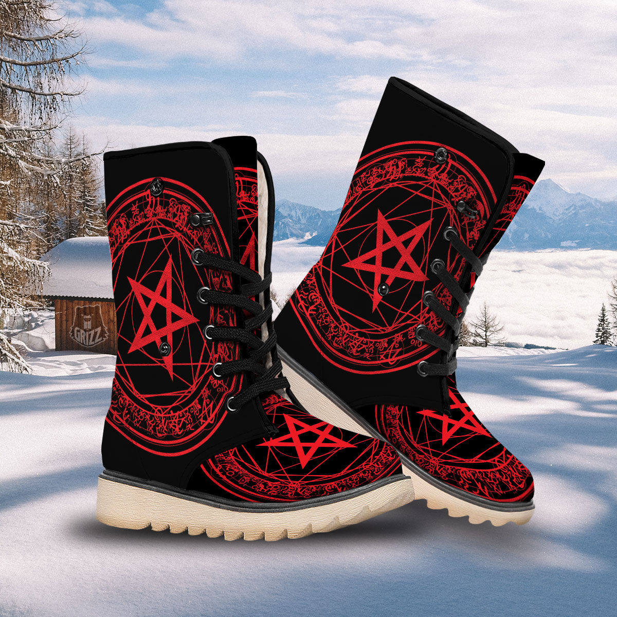 Satanic Pentagram Red And Black Print Snow Boots-grizzshop