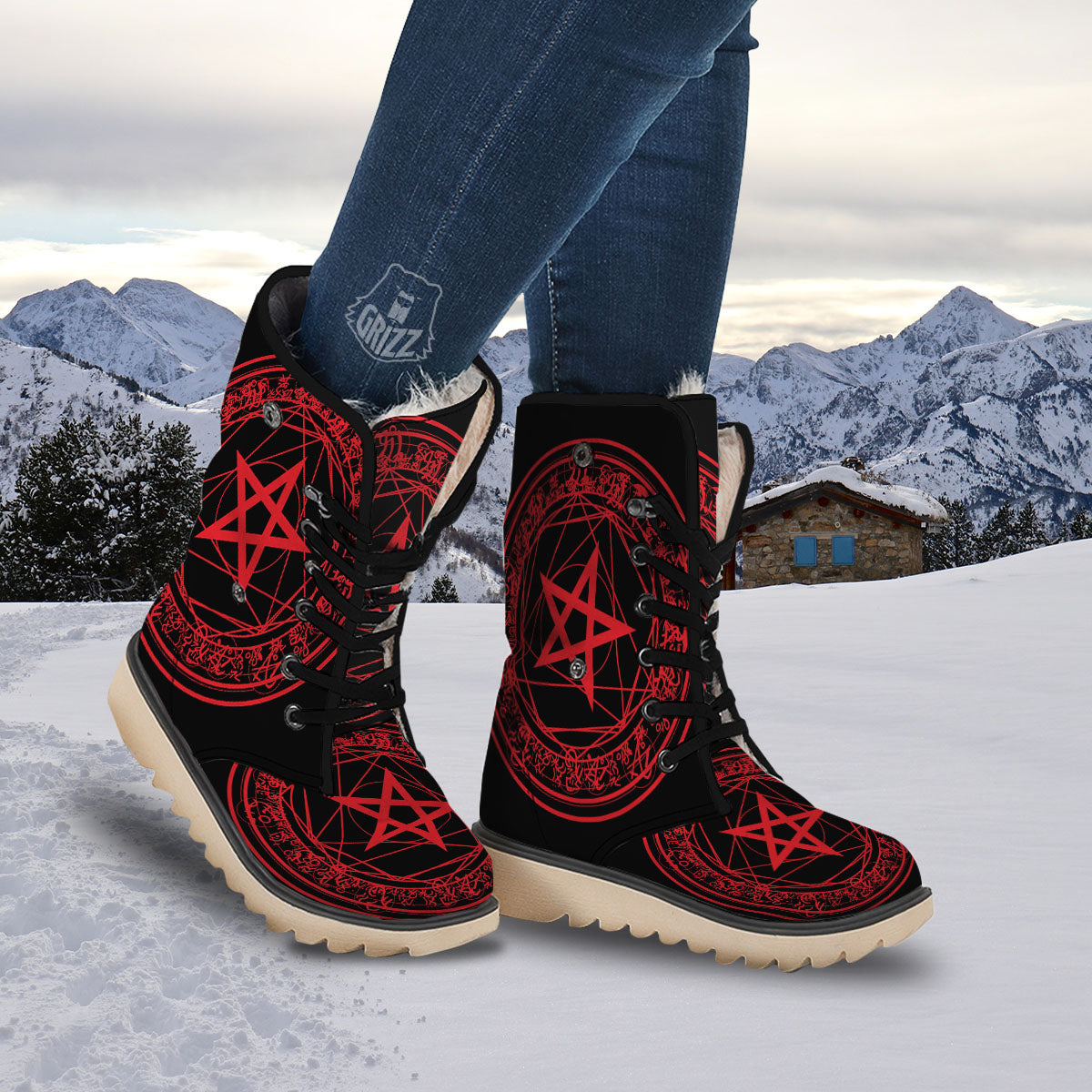 Satanic Pentagram Red And Black Print Snow Boots-grizzshop