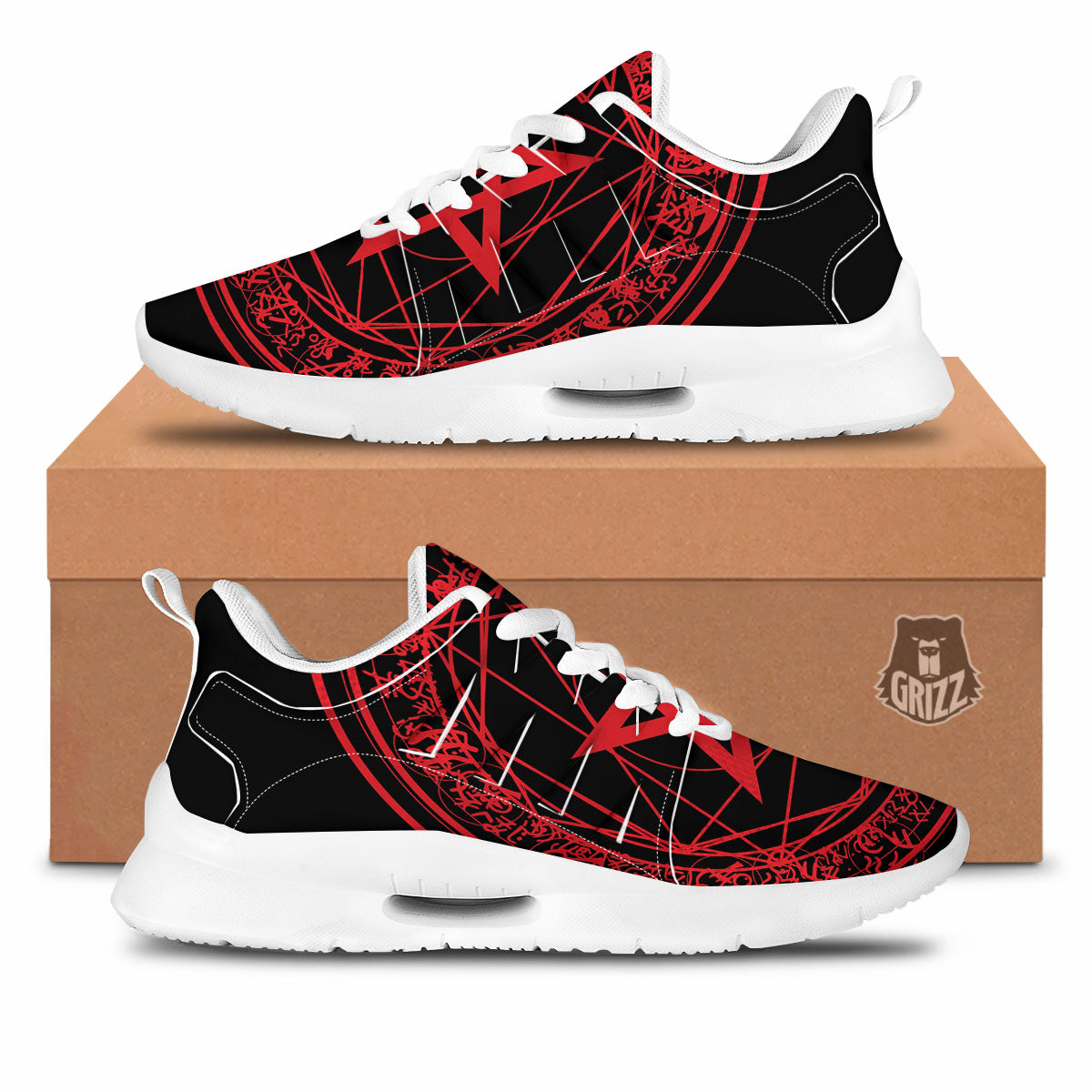 Satanic Pentagram Red And Black Print Tennis Shoes-grizzshop